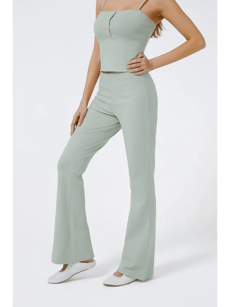 Women's Light Green Wide Leg Pants Elastic Waffle Knit Casual Wide Leg Pants with Pockets
