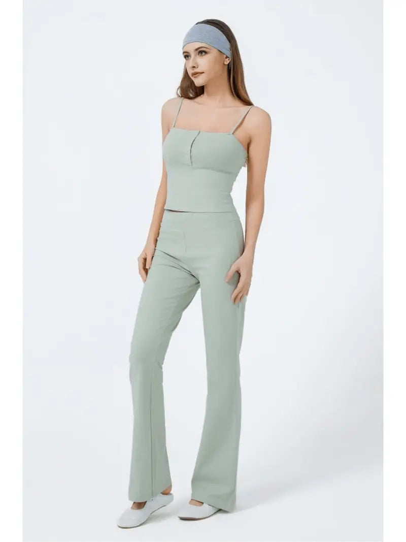 Women's Light Green Wide Leg Pants Elastic Waffle Knit Casual Wide Leg Pants with Pockets