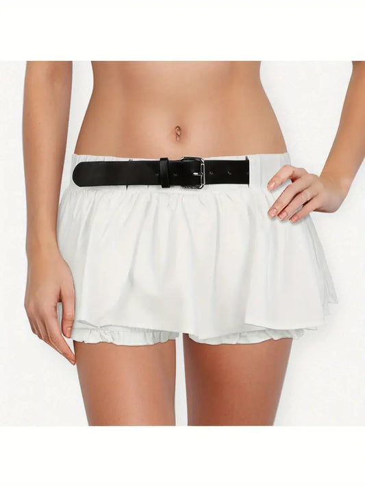 Women'S Sexy Low-Rise A-Line Mini Skirt with Black Belt - White Ruffled Hem, Casual Style, Non-Stretch Fabric, Perfect for Casual Attire, Casual Attire Skirt | Ruffled Hem Skirt | Nonstretch Fabric