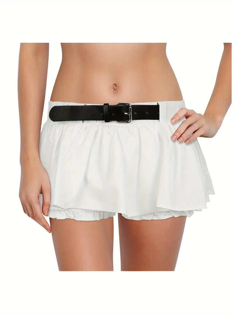 Women'S Sexy Low-Rise A-Line Mini Skirt with Black Belt - White Ruffled Hem, Casual Style, Non-Stretch Fabric, Perfect for Casual Attire, Casual Attire Skirt | Ruffled Hem Skirt | Nonstretch Fabric