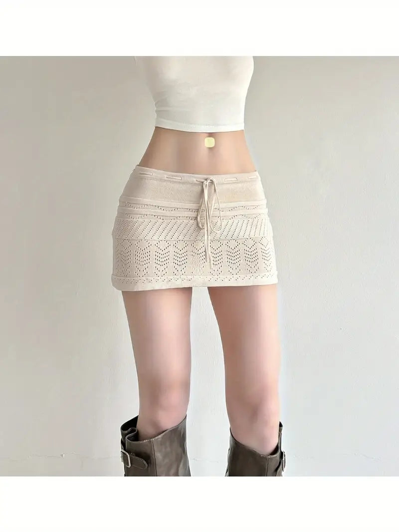 Women's Crochet Lace A-Line Skirt with Cut-Out Hem & Low Waist Lace-Up Closure - Beige/White Winter Short Skirt, Machine Washable, Solid Color Elegant & Design for Casual to Formal Events