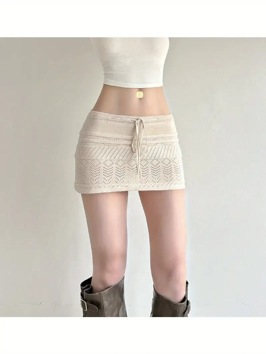 Women's Crochet Lace A-Line Skirt with Cut-Out Hem & Low Waist Lace-Up Closure - Beige/White Winter Short Skirt, Machine Washable, Solid Color Elegant & Design for Casual to Formal Events
