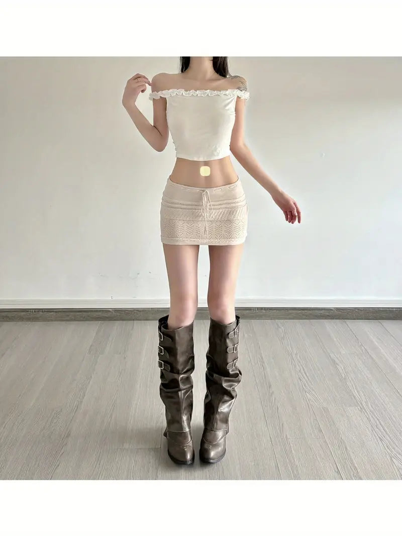 Women's Crochet Lace A-Line Skirt with Cut-Out Hem & Low Waist Lace-Up Closure - Beige/White Winter Short Skirt, Machine Washable, Solid Color Elegant & Design for Casual to Formal Events