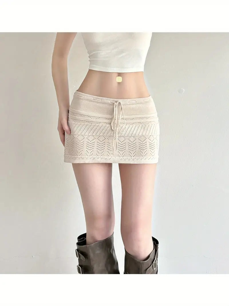 Women's Crochet Lace A-Line Skirt with Cut-Out Hem & Low Waist Lace-Up Closure - Beige/White Winter Short Skirt, Machine Washable, Solid Color Elegant & Design for Casual to Formal Events