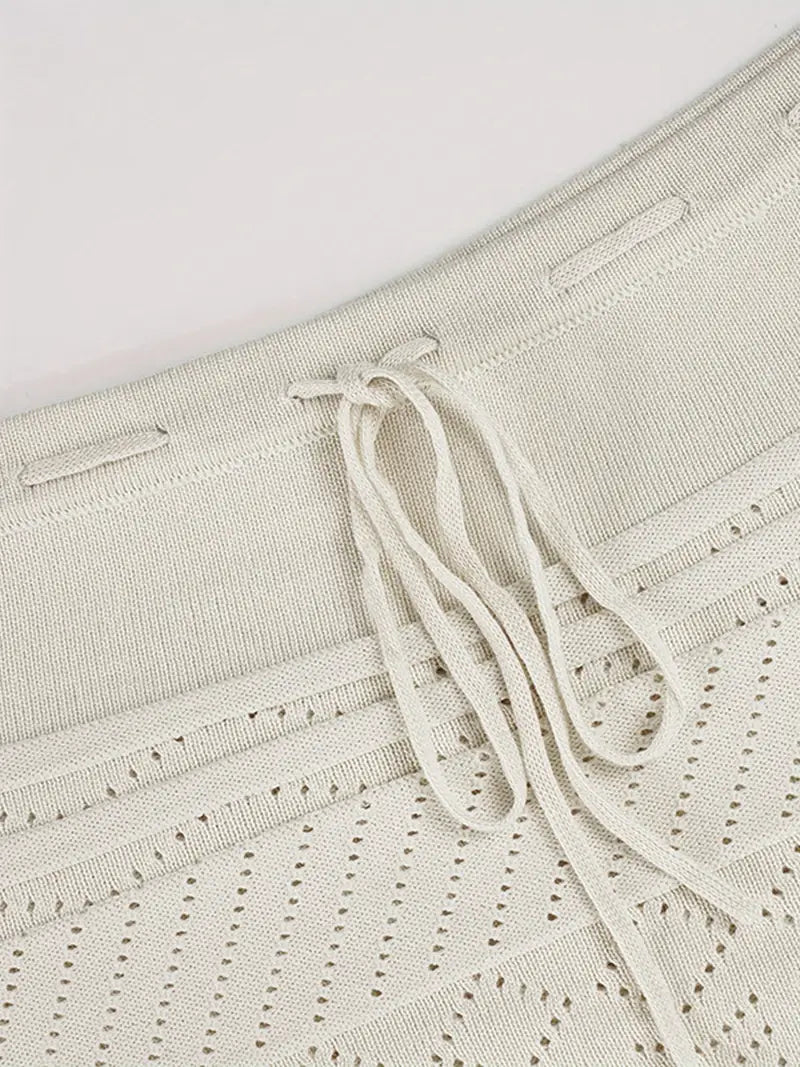Women's Crochet Lace A-Line Skirt with Cut-Out Hem & Low Waist Lace-Up Closure - Beige/White Winter Short Skirt, Machine Washable, Solid Color Elegant & Design for Casual to Formal Events