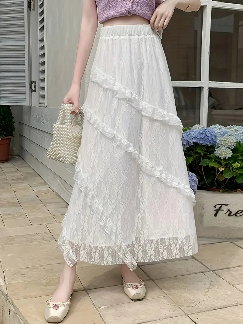 Single Piece High Waisted Flared Sweet & Elegant Maxi Skirt Ruffled Maxi Skirt Summer Outings, Women's Clothing