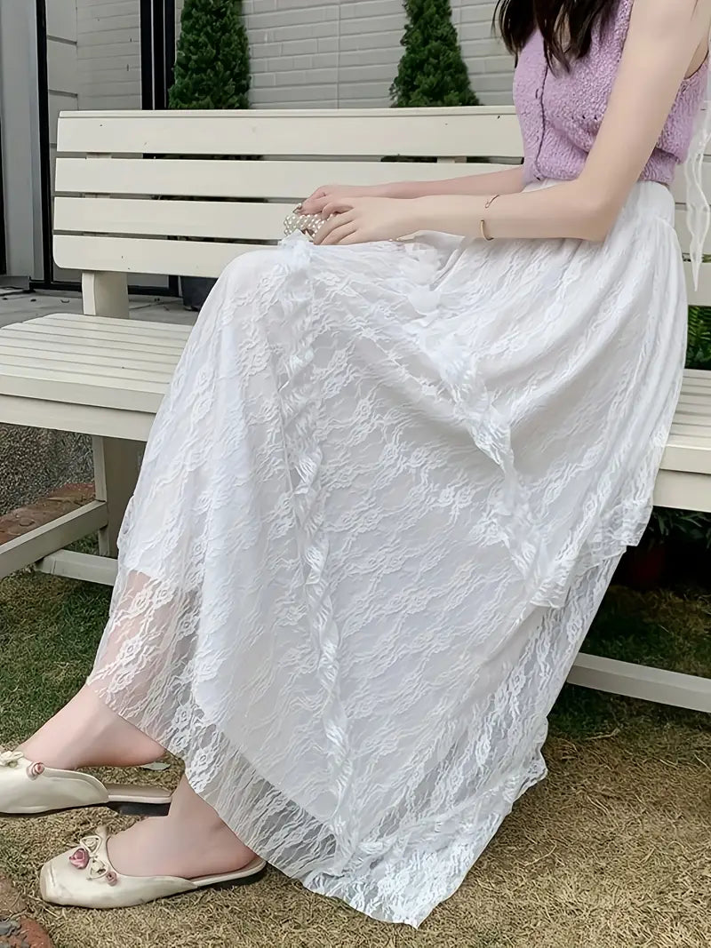 Single Piece High Waisted Flared Sweet & Elegant Maxi Skirt Ruffled Maxi Skirt Summer Outings, Women's Clothing