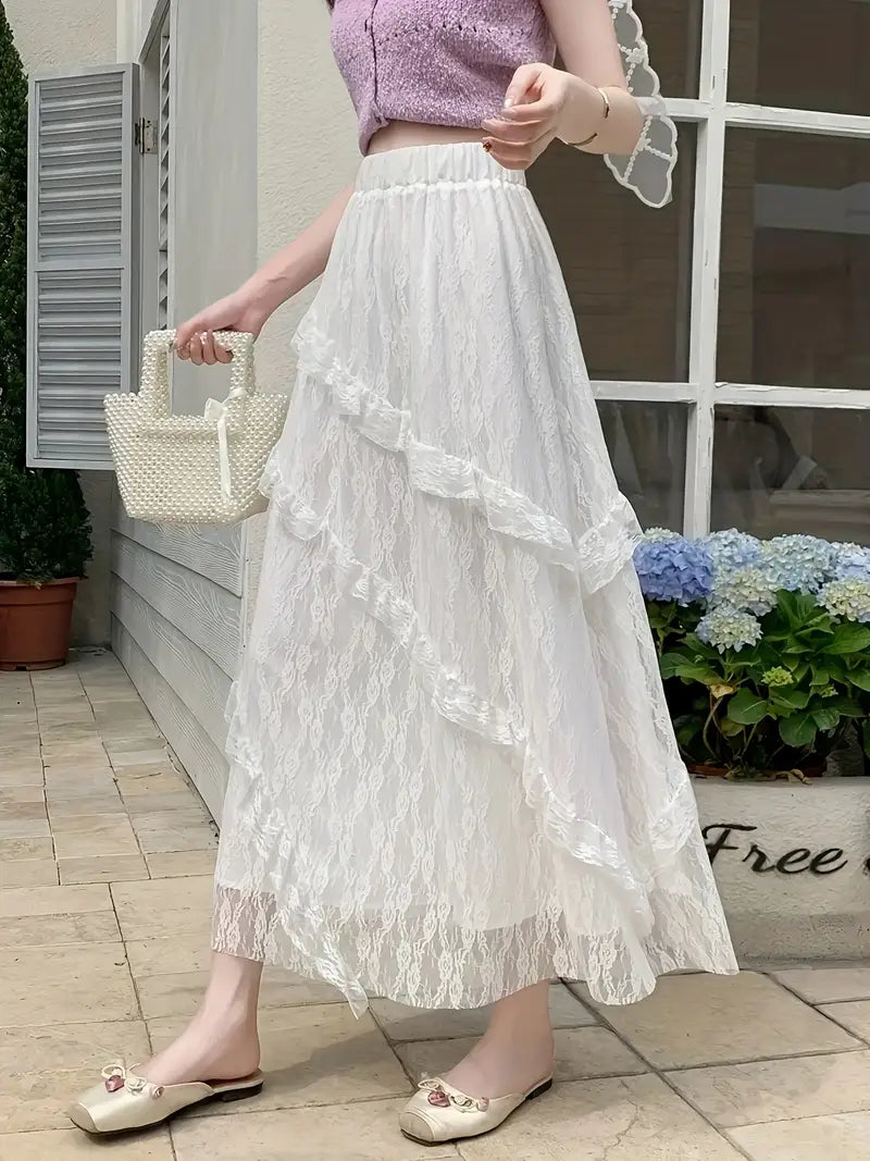 Single Piece High Waisted Flared Sweet & Elegant Maxi Skirt Ruffled Maxi Skirt Summer Outings, Women's Clothing