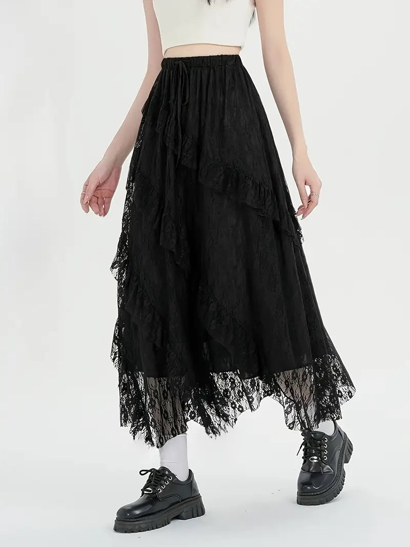 Single Piece High Waisted Flared Sweet & Elegant Maxi Skirt Ruffled Maxi Skirt Summer Outings, Women's Clothing