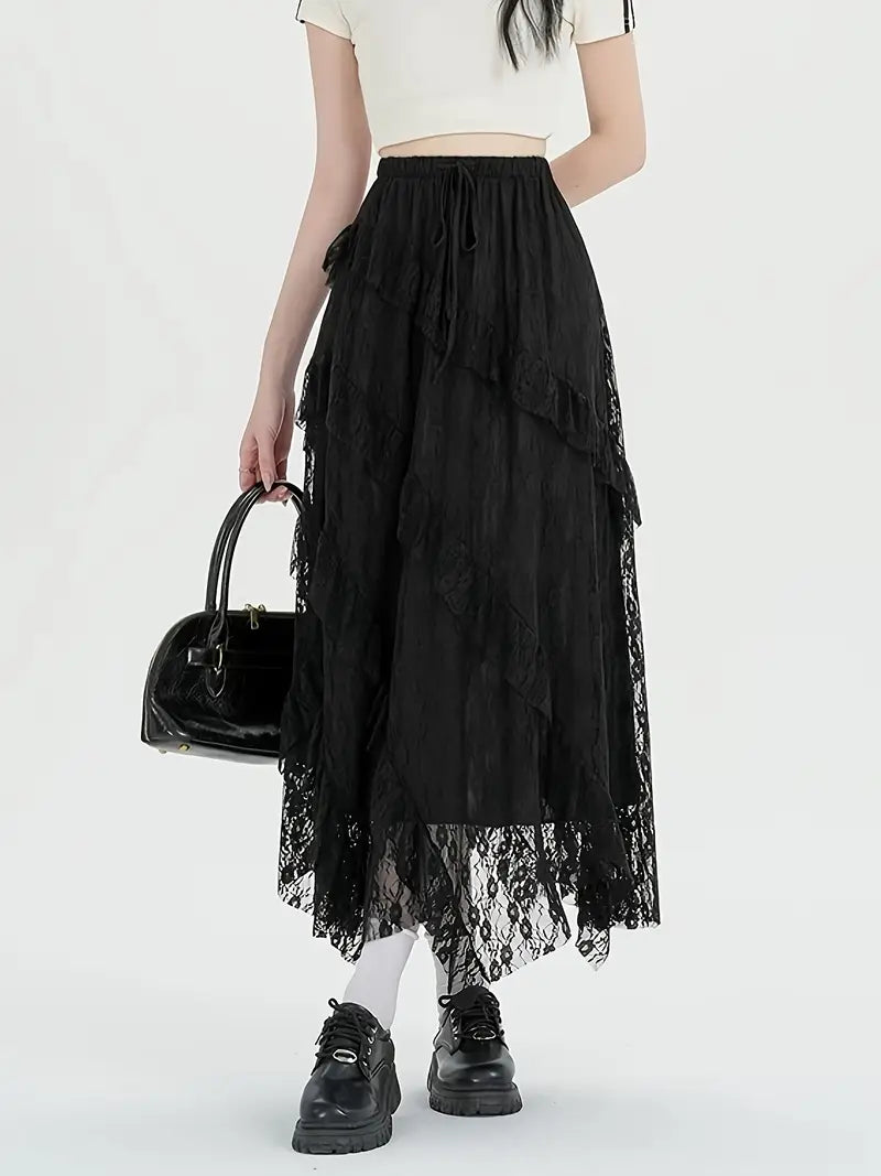 Single Piece High Waisted Flared Sweet & Elegant Maxi Skirt Ruffled Maxi Skirt Summer Outings, Women's Clothing