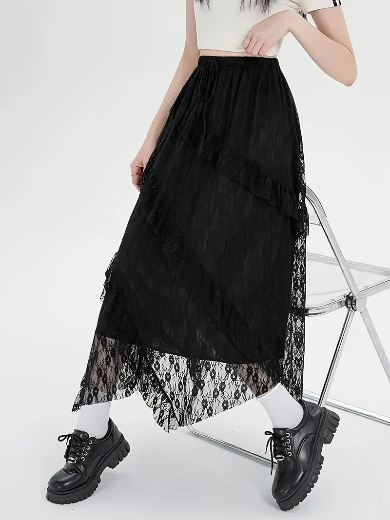 Single Piece High Waisted Flared Sweet & Elegant Maxi Skirt Ruffled Maxi Skirt Summer Outings, Women's Clothing