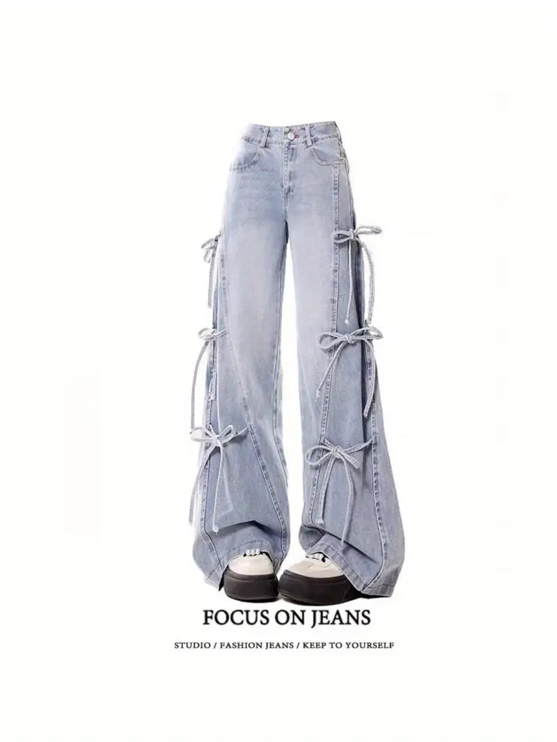 Plus Size - Fit Strap - Trimmed Jeans - New Arrival American Retro Loose - Fit High - Waisted Straight - Leg