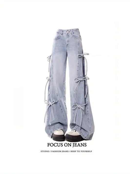 Plus Size - Fit Strap - Trimmed Jeans - New Arrival American Retro Loose - Fit High - Waisted Straight - Leg
