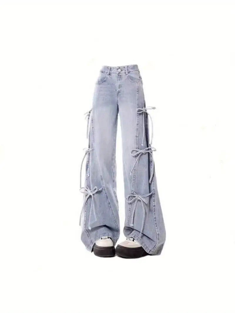 Plus Size - Fit Strap - Trimmed Jeans - New Arrival American Retro Loose - Fit High - Waisted Straight - Leg