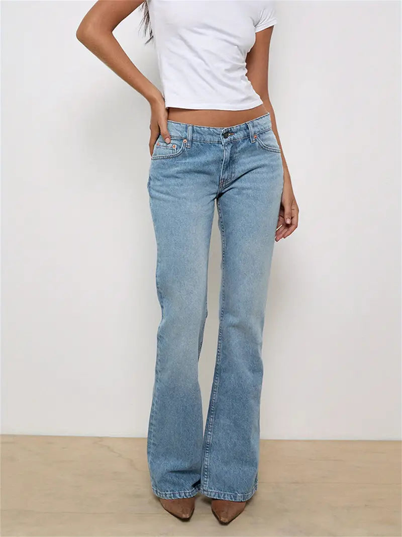 Women Jeans, Low Waist Zipper Button Solid Trousers with Pockets for Daily Streetwear