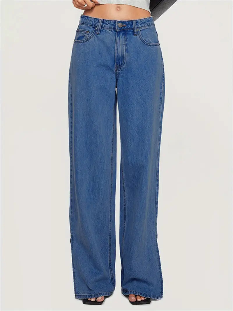 Women'S Wide Leg Faux Denim, Blend, Casual Style, Solid Color, with Split Hem and Slight Stretch, for All-Season Woven Faux Denim Pants