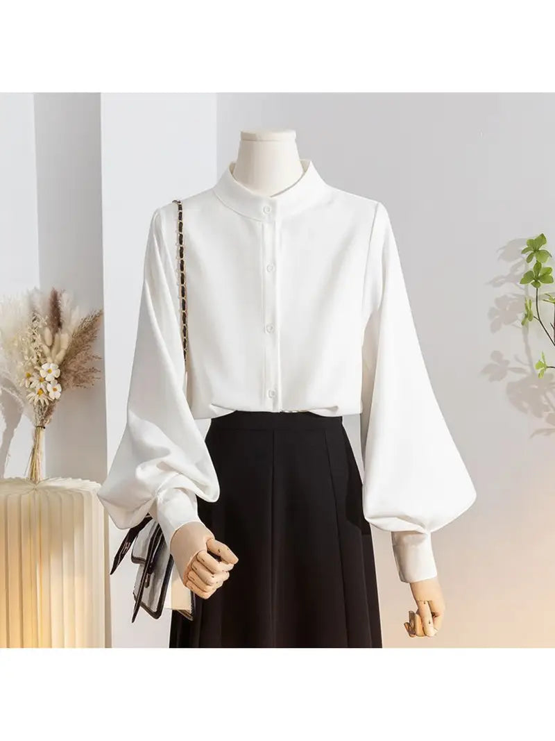 Women'S Elegant White Stand Collar Shirt with Lantern Sleeves - Brushed Soft Texture, Loose Fit Long Sleeve Blouse, Korean Fashion All-Season Versatile Top for Casual & Formal Wear