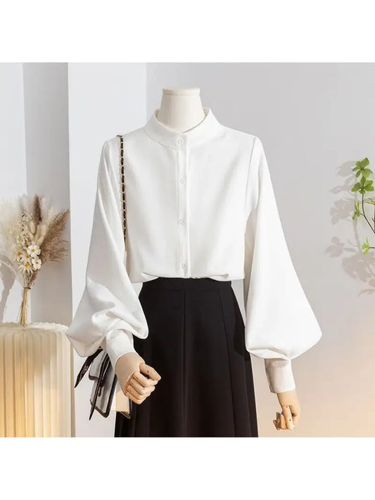 Women'S Elegant White Stand Collar Shirt with Lantern Sleeves - Brushed Soft Texture, Loose Fit Long Sleeve Blouse, Korean Fashion All-Season Versatile Top for Casual & Formal Wear