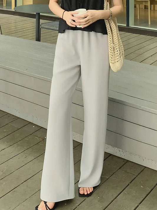 Women's Light Grey Straight-Leg Casual Pants - Non-Stretch Acetate Trousers with Pockets, Regular Fit Long Length for Spring/Fall, Versatile for Commuting & Casual Outings