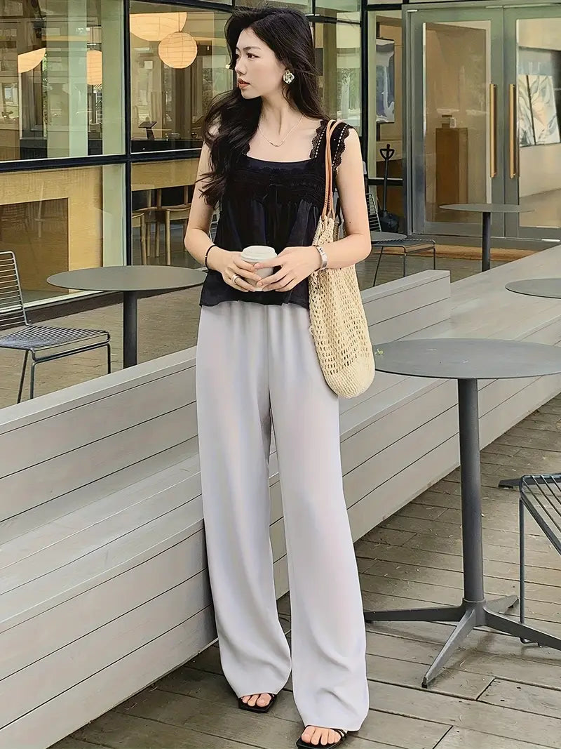 Women's Light Grey Straight-Leg Casual Pants - Non-Stretch Acetate Trousers with Pockets, Regular Fit Long Length for Spring/Fall, Versatile for Commuting & Casual Outings