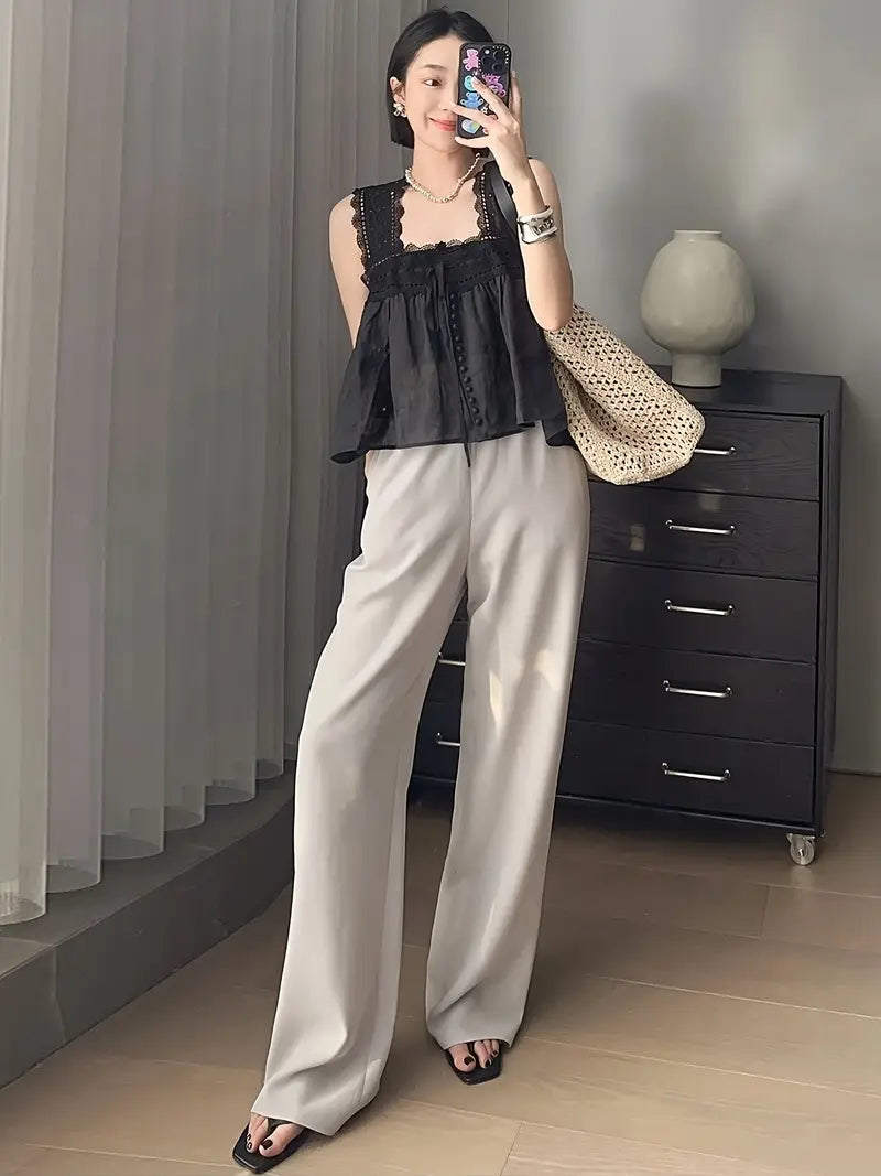 Women's Light Grey Straight-Leg Casual Pants - Non-Stretch Acetate Trousers with Pockets, Regular Fit Long Length for Spring/Fall, Versatile for Commuting & Casual Outings