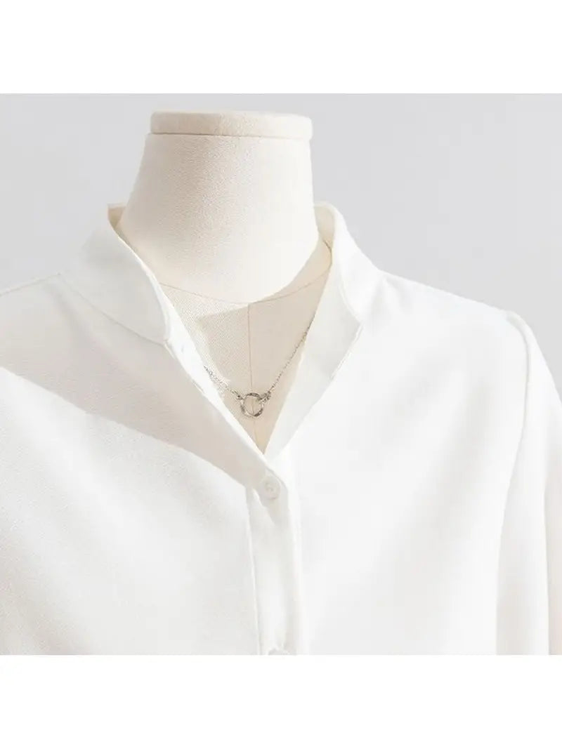 Women'S Elegant White Stand Collar Shirt with Lantern Sleeves - Brushed Soft Texture, Loose Fit Long Sleeve Blouse, Korean Fashion All-Season Versatile Top for Casual & Formal Wear