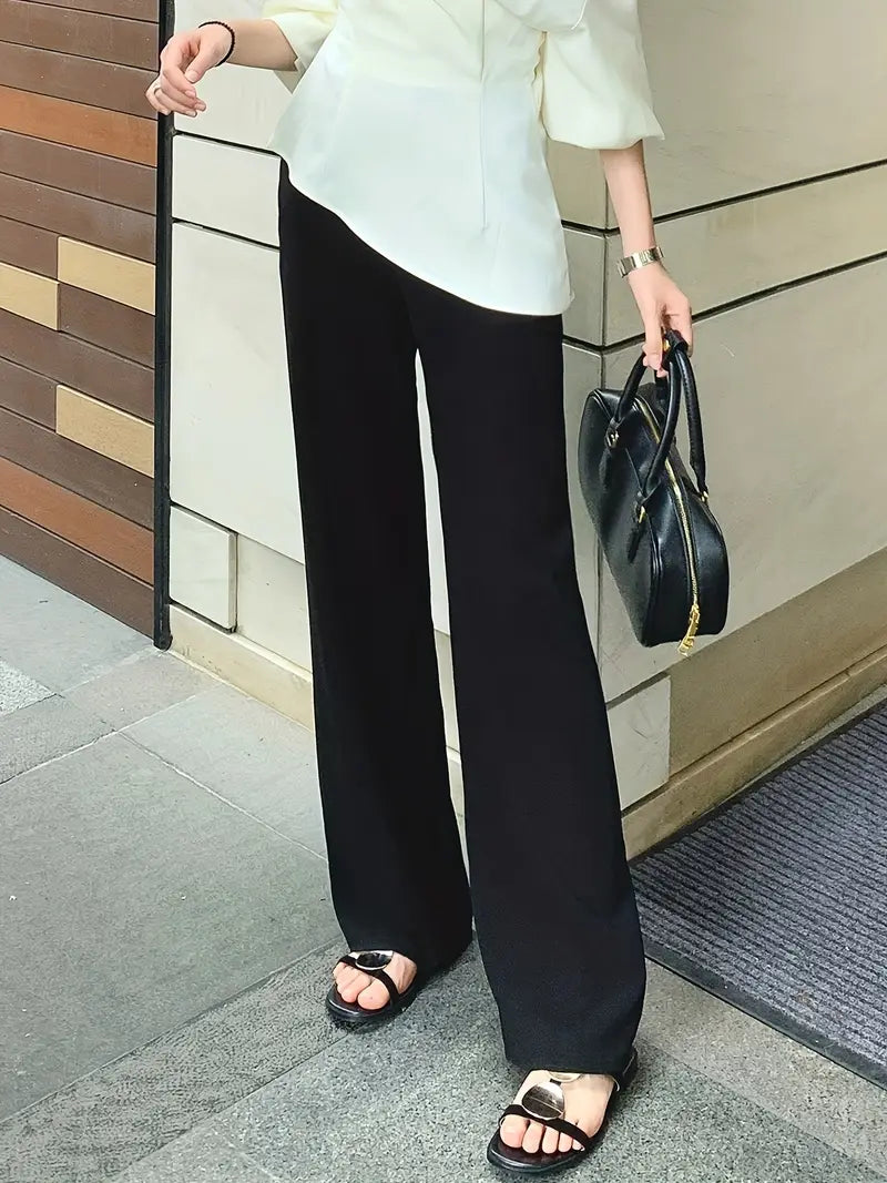 Women's Light Grey Straight-Leg Casual Pants - Non-Stretch Acetate Trousers with Pockets, Regular Fit Long Length for Spring/Fall, Versatile for Commuting & Casual Outings