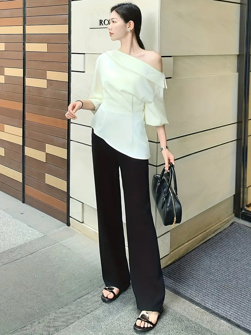 Women's Light Grey Straight-Leg Casual Pants - Non-Stretch Acetate Trousers with Pockets, Regular Fit Long Length for Spring/Fall, Versatile for Commuting & Casual Outings