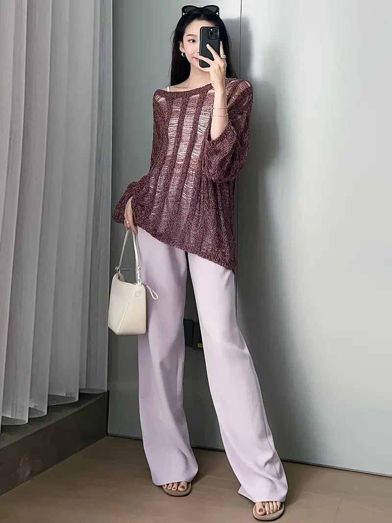 Women's Light Grey Straight-Leg Casual Pants - Non-Stretch Acetate Trousers with Pockets, Regular Fit Long Length for Spring/Fall, Versatile for Commuting & Casual Outings