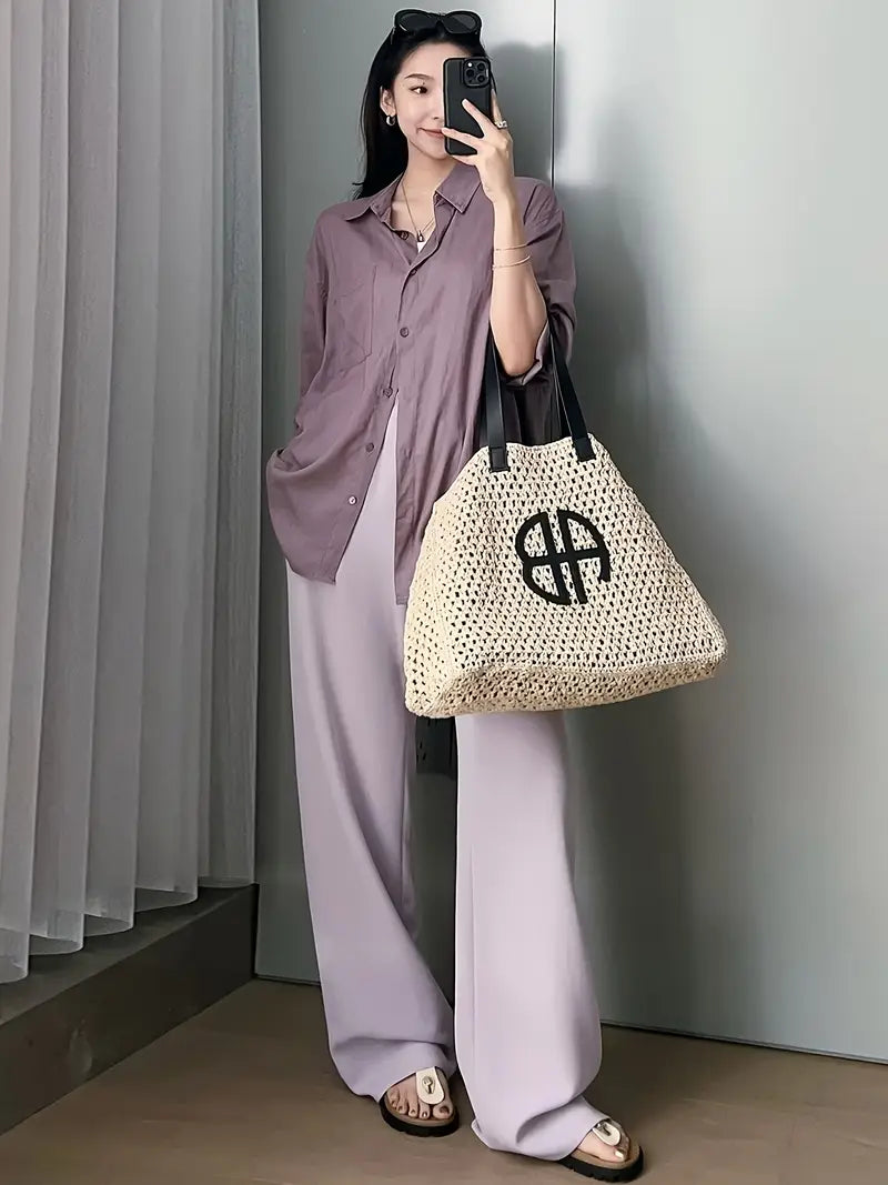 Women's Light Grey Straight-Leg Casual Pants - Non-Stretch Acetate Trousers with Pockets, Regular Fit Long Length for Spring/Fall, Versatile for Commuting & Casual Outings
