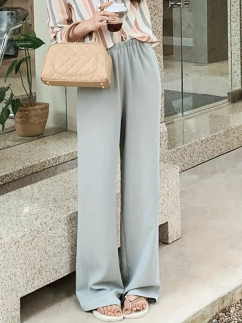 Women's Light Grey Straight-Leg Casual Pants - Non-Stretch Acetate Trousers with Pockets, Regular Fit Long Length for Spring/Fall, Versatile for Commuting & Casual Outings
