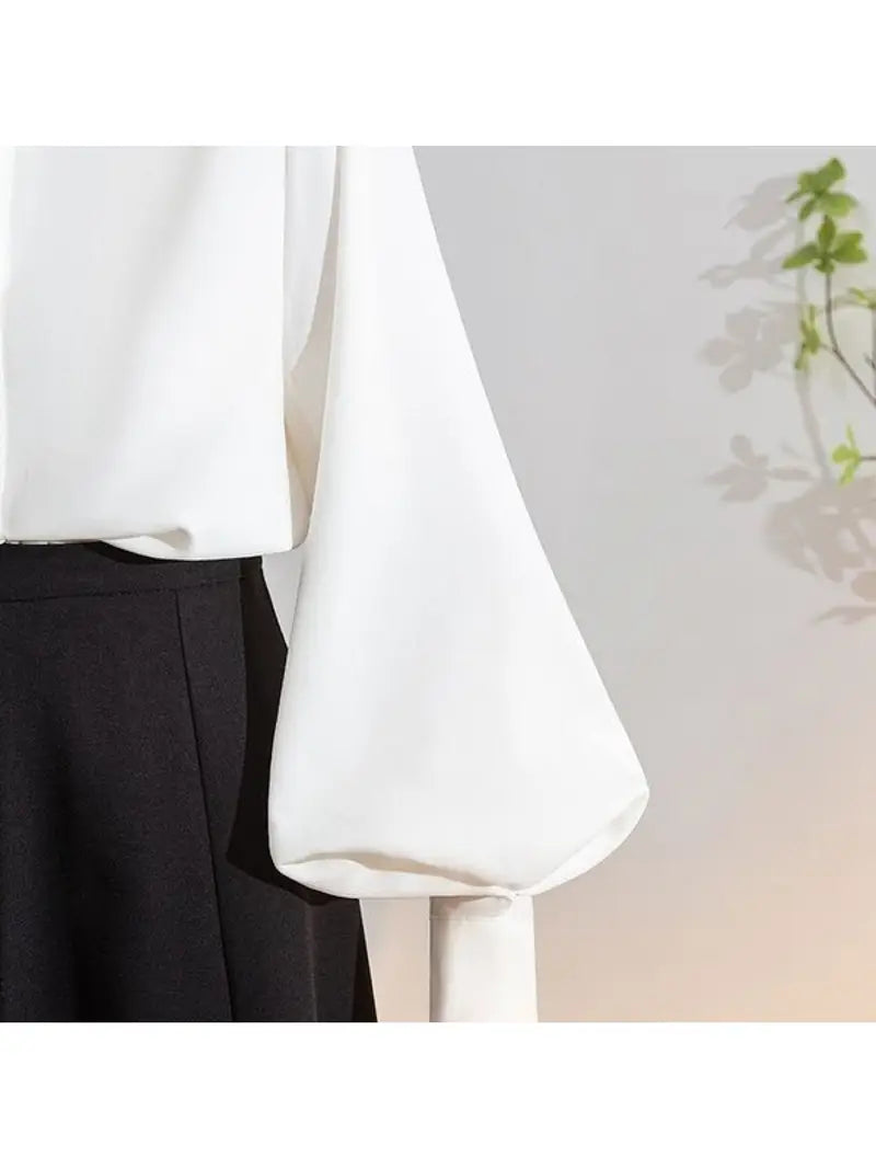 Women'S Elegant White Stand Collar Shirt with Lantern Sleeves - Brushed Soft Texture, Loose Fit Long Sleeve Blouse, Korean Fashion All-Season Versatile Top for Casual & Formal Wear
