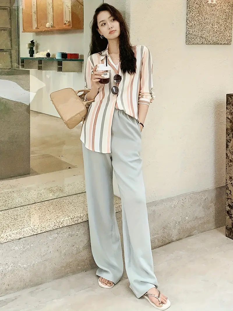 Women's Light Grey Straight-Leg Casual Pants - Non-Stretch Acetate Trousers with Pockets, Regular Fit Long Length for Spring/Fall, Versatile for Commuting & Casual Outings