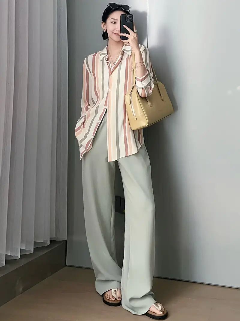 Women's Light Grey Straight-Leg Casual Pants - Non-Stretch Acetate Trousers with Pockets, Regular Fit Long Length for Spring/Fall, Versatile for Commuting & Casual Outings