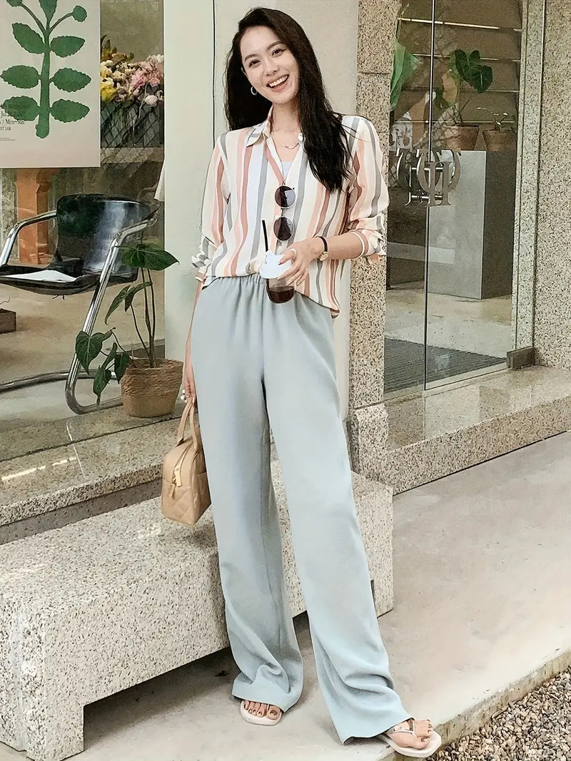 Women's Light Grey Straight-Leg Casual Pants - Non-Stretch Acetate Trousers with Pockets, Regular Fit Long Length for Spring/Fall, Versatile for Commuting & Casual Outings