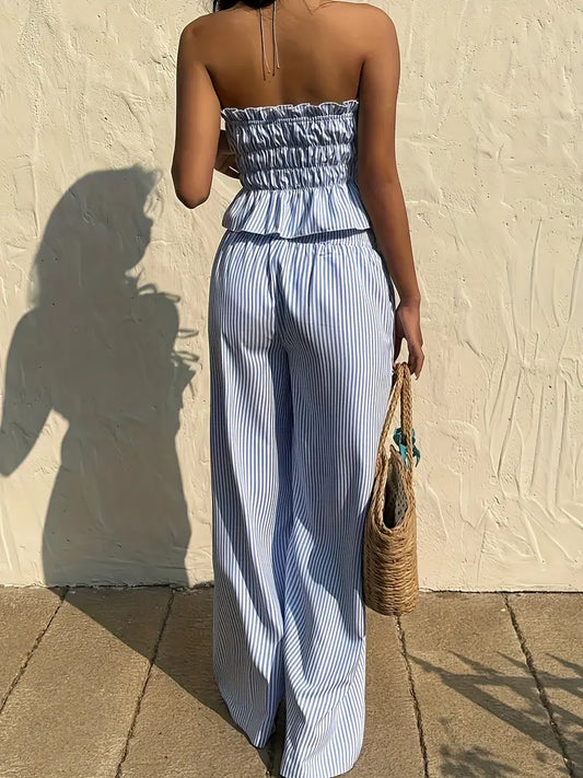 2pcs Women'S Striped Sleeveless Top and Pants Set with Tie Waist, Front Stripes, Pleated Detail, Solid Color, Spring/Summer, Casual Attire, Casual Attire|Striped Pattern|Polyester Fabric