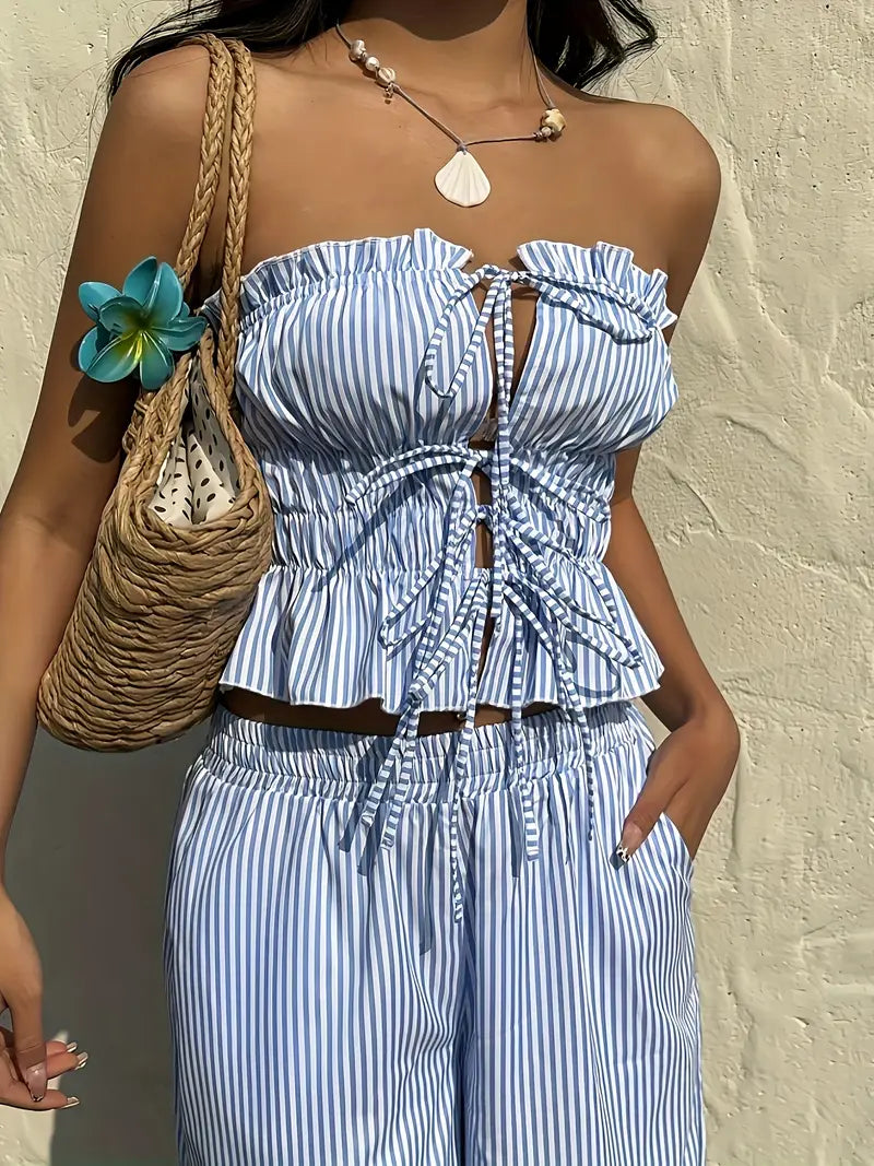 2pcs Women'S Striped Sleeveless Top and Pants Set with Tie Waist, Front Stripes, Pleated Detail, Solid Color, Spring/Summer, Casual Attire, Casual Attire|Striped Pattern|Polyester Fabric