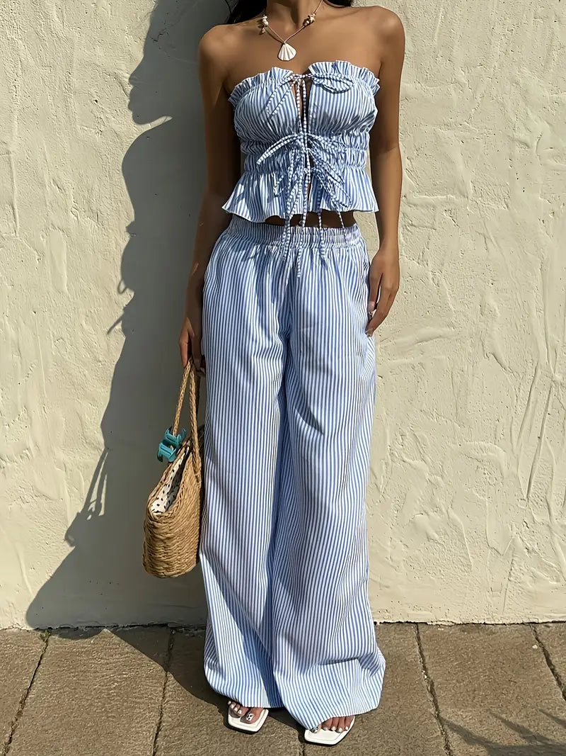 2pcs Women'S Striped Sleeveless Top and Pants Set with Tie Waist, Front Stripes, Pleated Detail, Solid Color, Spring/Summer, Casual Attire, Casual Attire|Striped Pattern|Polyester Fabric