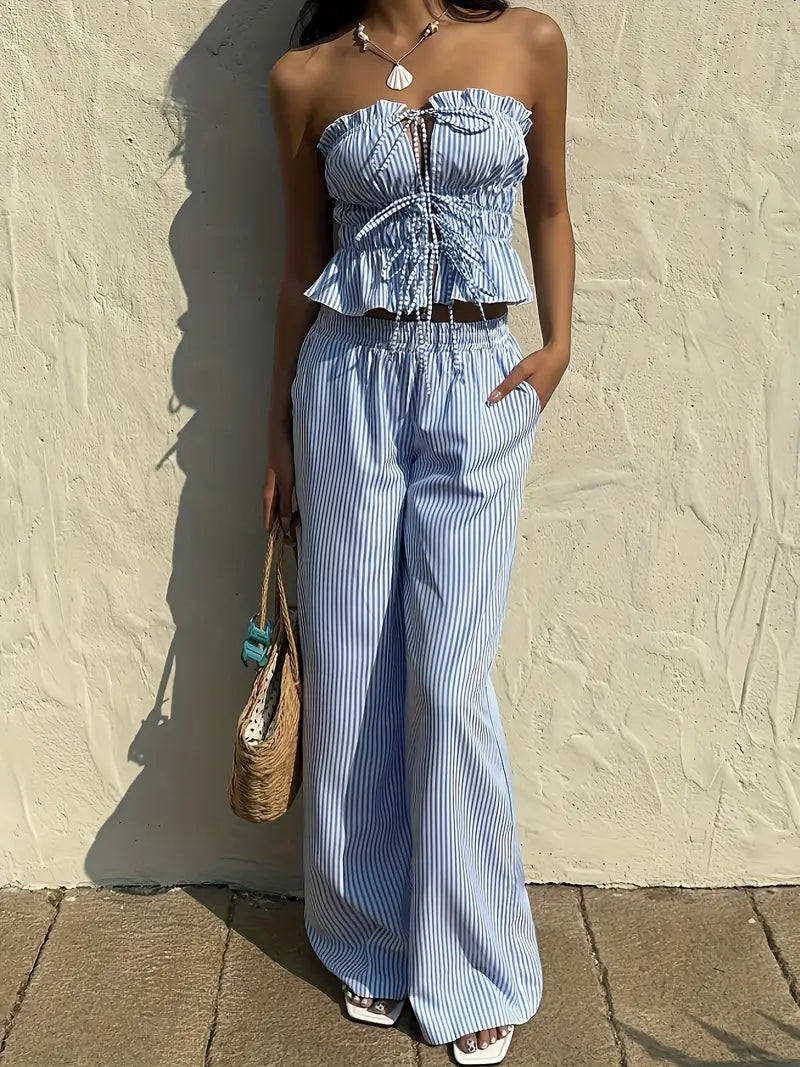 2pcs Women'S Striped Sleeveless Top and Pants Set with Tie Waist, Front Stripes, Pleated Detail, Solid Color, Spring/Summer, Casual Attire, Casual Attire|Striped Pattern|Polyester Fabric