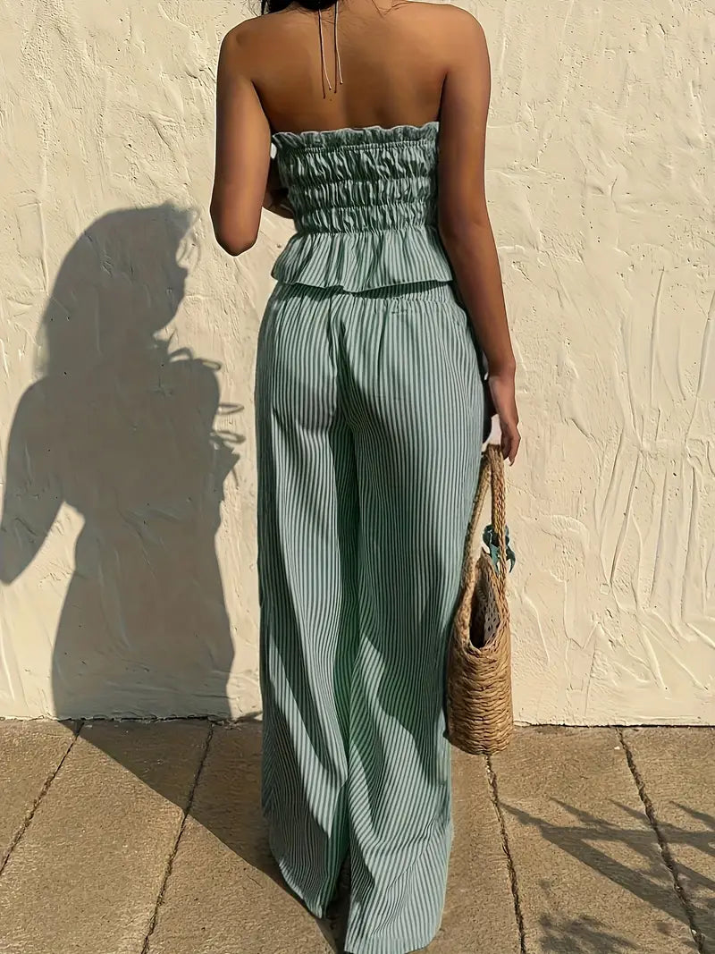 2pcs Women'S Striped Sleeveless Top and Pants Set with Tie Waist, Front Stripes, Pleated Detail, Solid Color, Spring/Summer, Casual Attire, Casual Attire|Striped Pattern|Polyester Fabric