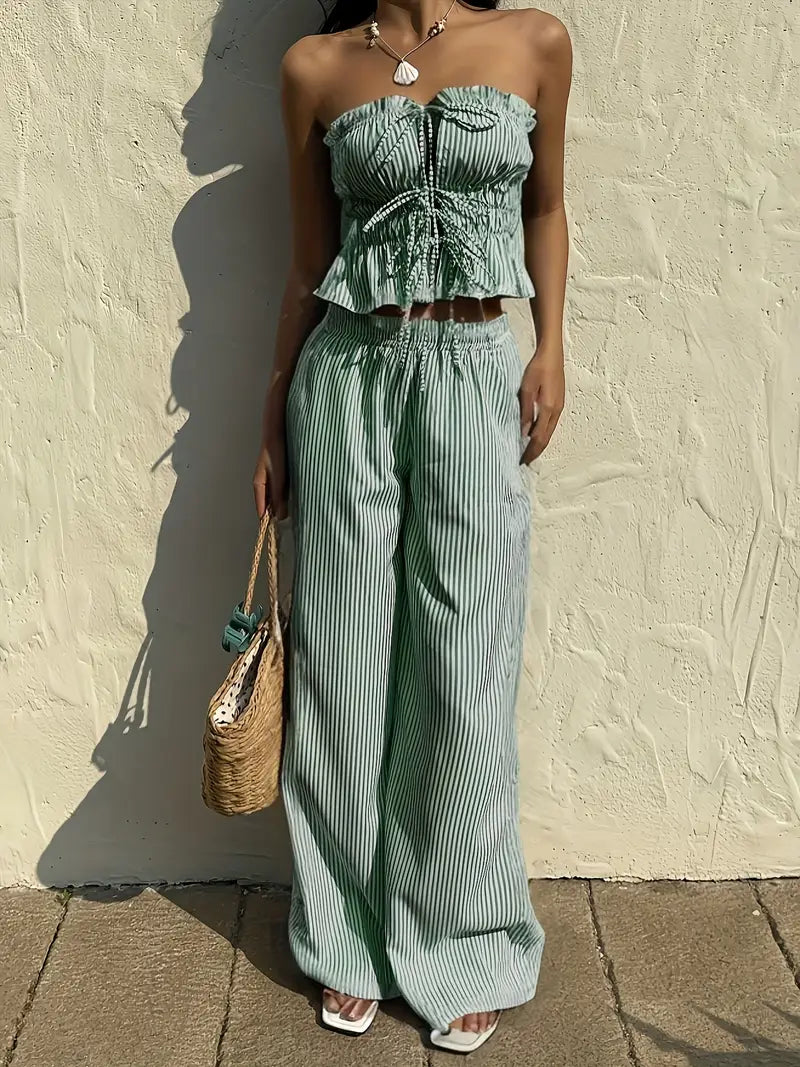 2pcs Women'S Striped Sleeveless Top and Pants Set with Tie Waist, Front Stripes, Pleated Detail, Solid Color, Spring/Summer, Casual Attire, Casual Attire|Striped Pattern|Polyester Fabric