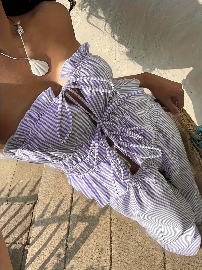 2pcs Women'S Striped Sleeveless Top and Pants Set with Tie Waist, Front Stripes, Pleated Detail, Solid Color, Spring/Summer, Casual Attire, Casual Attire|Striped Pattern|Polyester Fabric