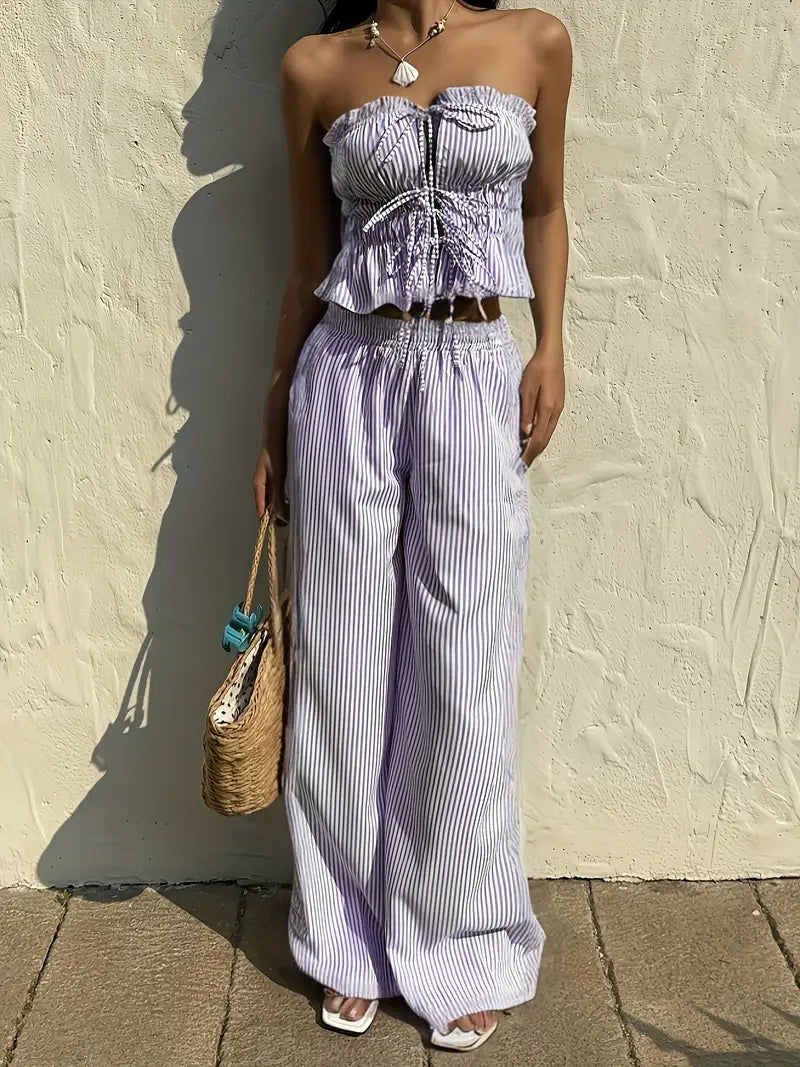 2pcs Women'S Striped Sleeveless Top and Pants Set with Tie Waist, Front Stripes, Pleated Detail, Solid Color, Spring/Summer, Casual Attire, Casual Attire|Striped Pattern|Polyester Fabric