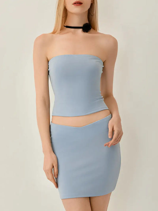 Women 2pcs Outfits, Low-Cut Strapless Plain Color Crop Tops, Low Waist Super Short Hip Skirt, Ladies Summer Bar/Party/Club Wears