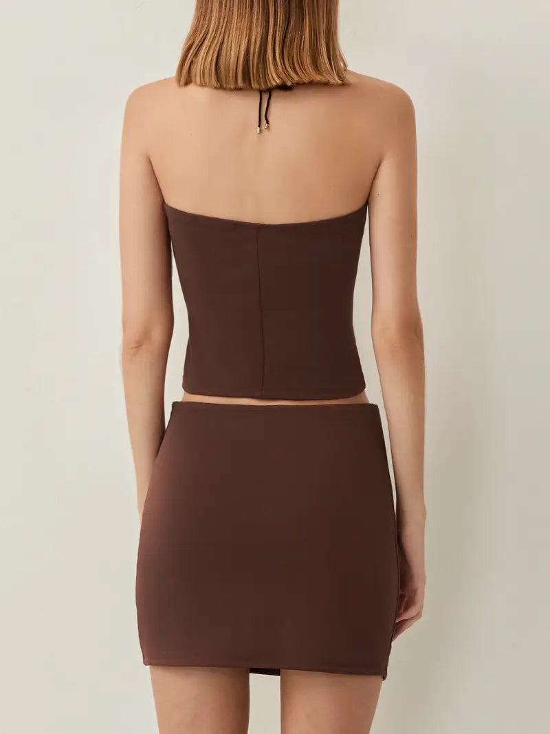 Women 2pcs Outfits, Low-Cut Strapless Plain Color Crop Tops, Low Waist Super Short Hip Skirt, Ladies Summer Bar/Party/Club Wears