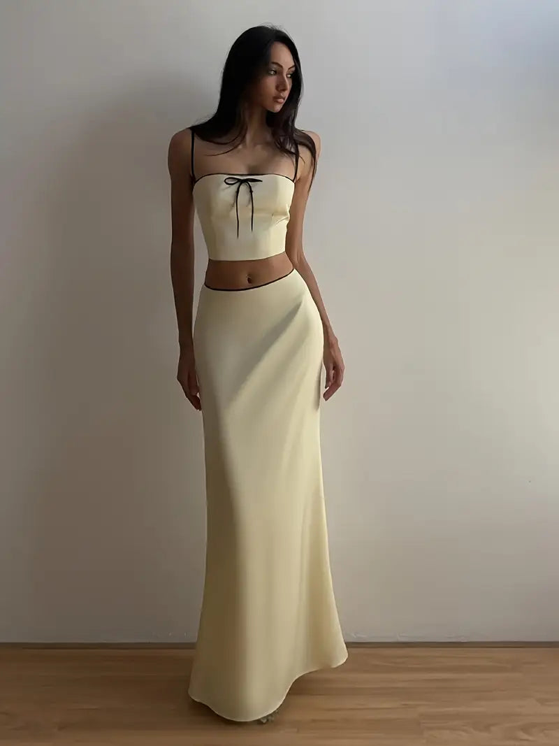 Women's Summer 2pcs Outfits Bow Front Cami Tops with Low Rise Long Skirt Set Party Clothes