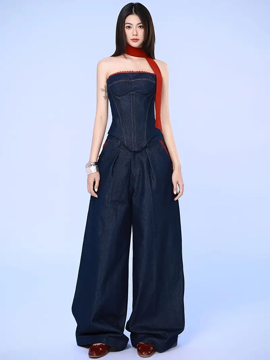 European And American Style 2025 Autumn New Fashion Personalised Denim Bandeau Vest Women's Loose Wide-leg Trouser Set