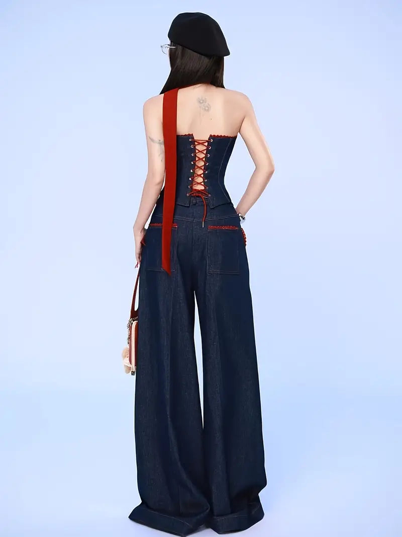 European And American Style 2025 Autumn New Fashion Personalised Denim Bandeau Vest Women's Loose Wide-leg Trouser Set