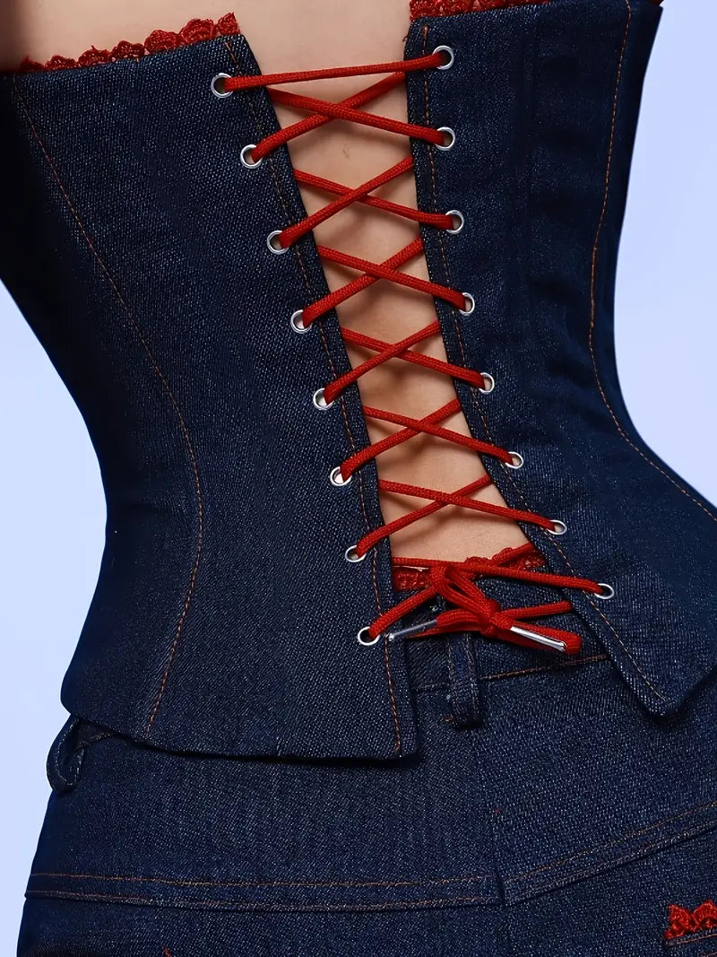 European And American Style 2025 Autumn New Fashion Personalised Denim Bandeau Vest Women's Loose Wide-leg Trouser Set