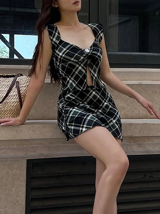 Women 2pcs Outfits Vintage Plaid Split Tank Tops and Mini Skirt Summer Streetwear Aesthetic Clothes